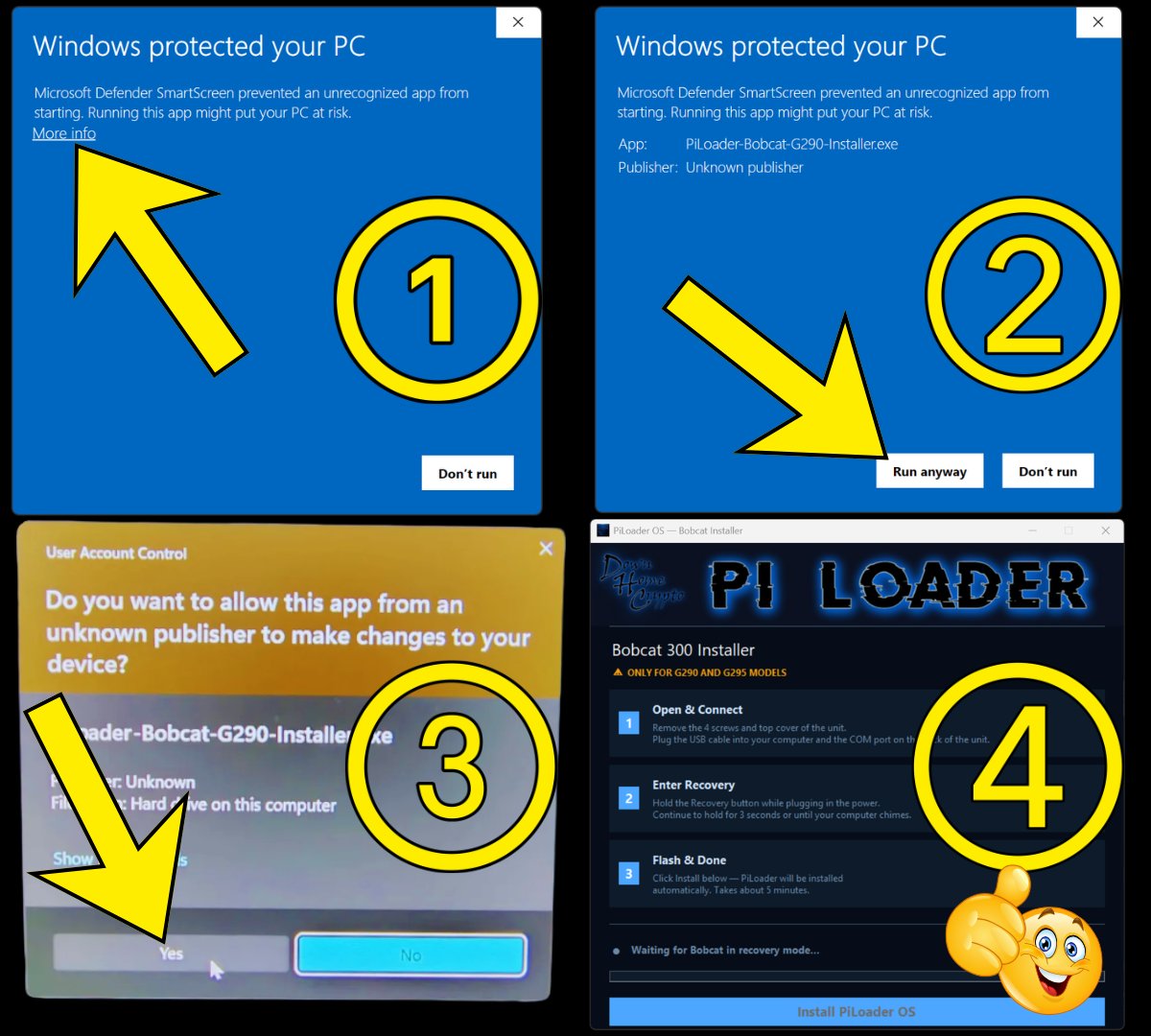Windows SmartScreen warning screens and PiLoader Bobcat installer